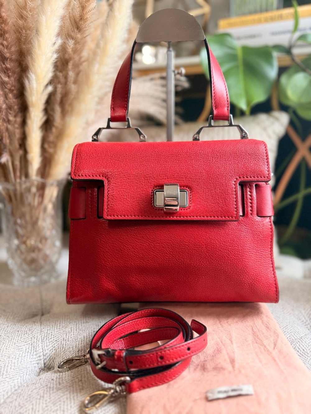 Miu Miu Red Leather Top-Handle Satchel with Detachable Strap